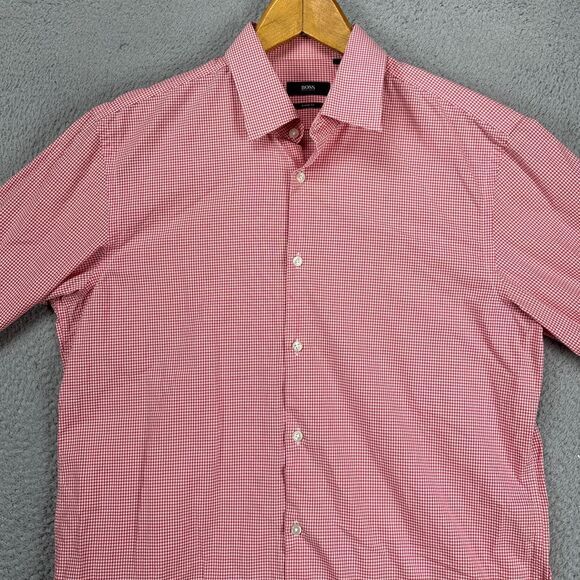 Boss Hugo Boss Dress Shirt Mens 16 34-35 Red White Pin Check Sharp Fit Button Up - Picture 1 of 11